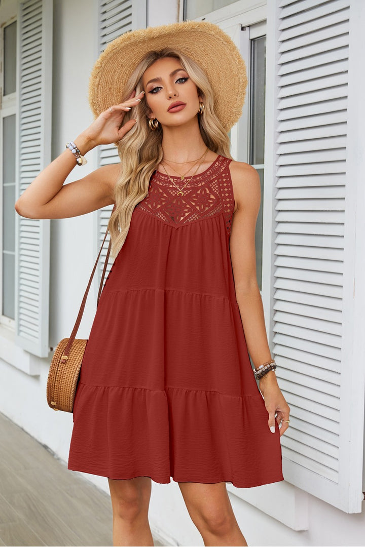 Red Lace Inserts Tiered Mini Dress