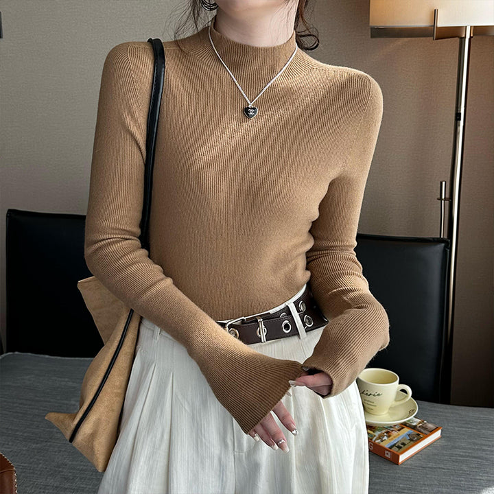 Beige Full Sleeve High Neck Fitted Tops