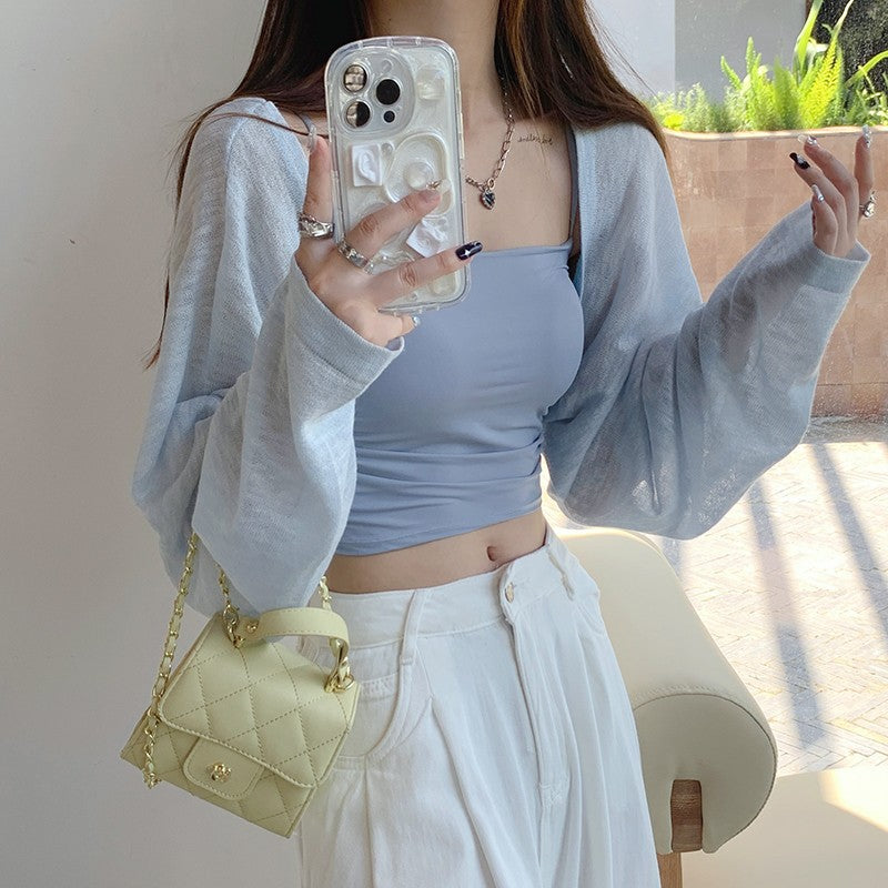 Light Blue Full Sleeve Cropped Slouchy Cardigan