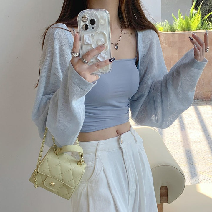 Light Blue Full Sleeve Cropped Slouchy Cardigan