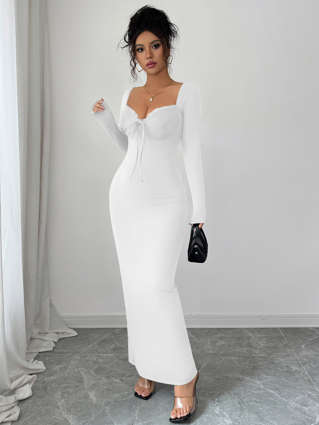 White Full Sleeve Sweetheart Neck Fitted Dress