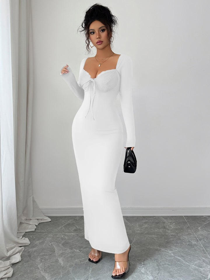 White Full Sleeve Sweetheart Neck Fitted Dress