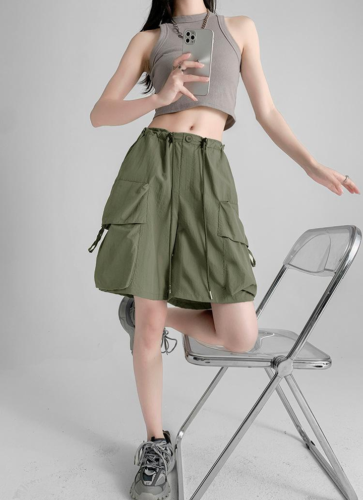 Olive Relaxed Fit Drawstring Cargo Shorts