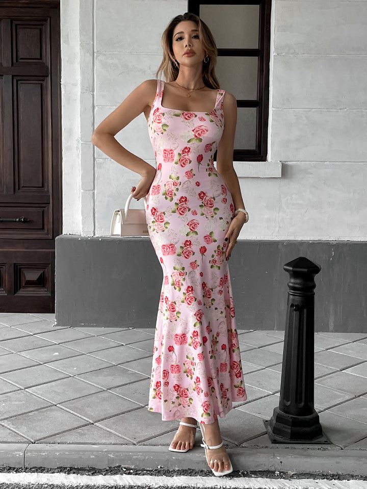 Pink Floral Printed Sleeveless  Dress