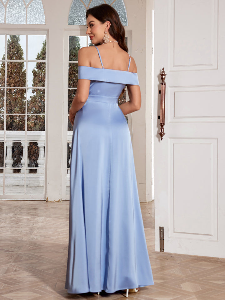 Blue Satin Off Shoulder Gown with Strap Detailing