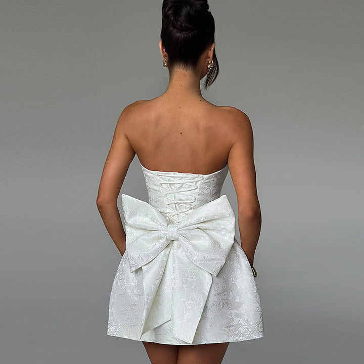 White  Bardot Floral Jacquard Skater Dress With Big Bow At Back