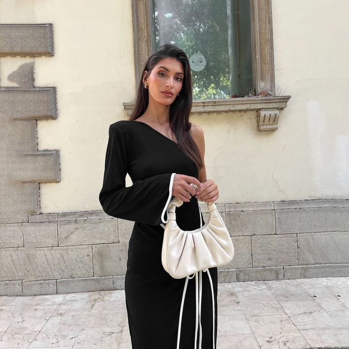 Black One Shoulder With One Full Sleeves Midi Dress