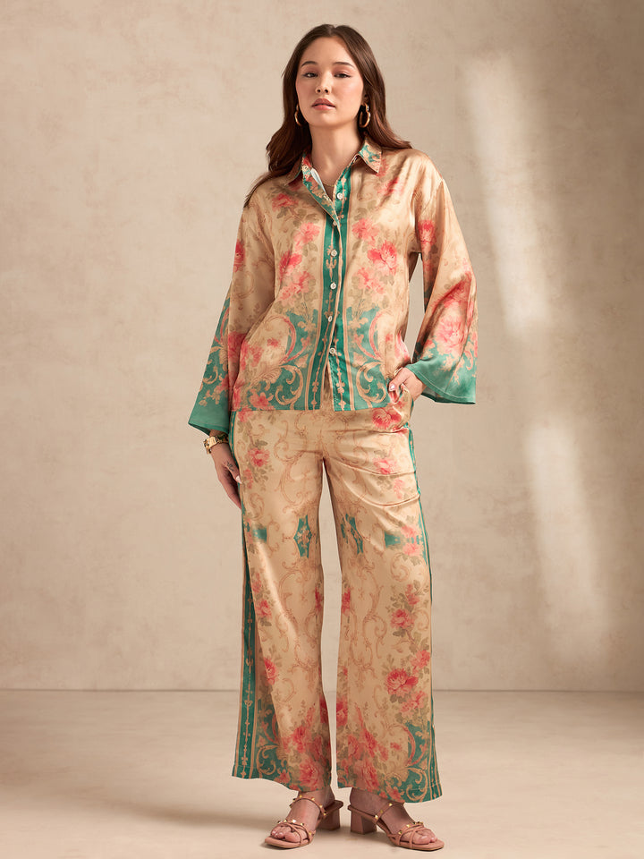 Peach Relax Fit Printed Satin Shirt With Wide Leg Trousers Set