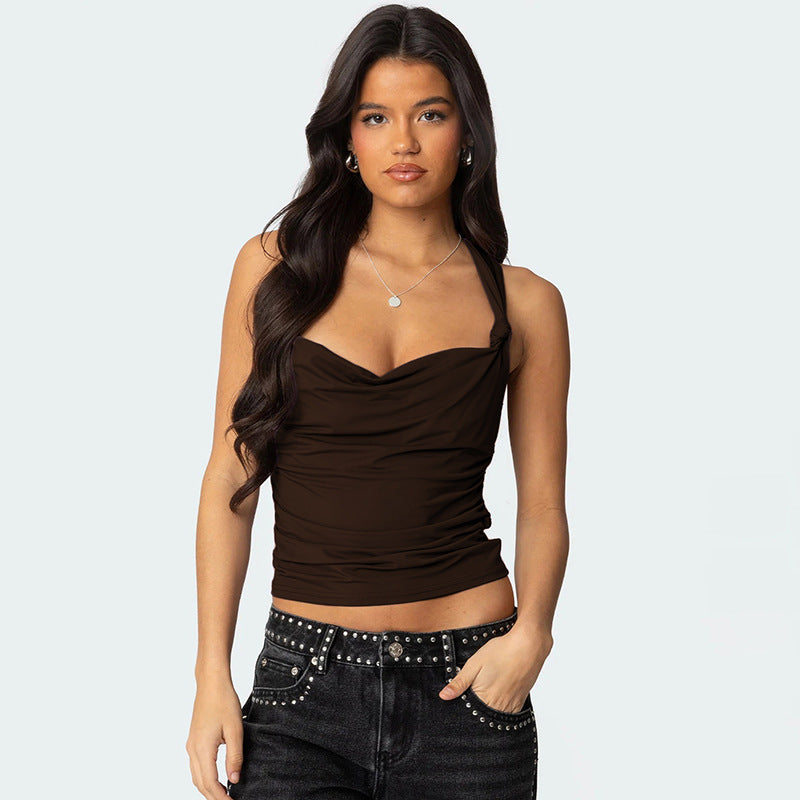 Brown Ruched Crop Top With Thin Straps