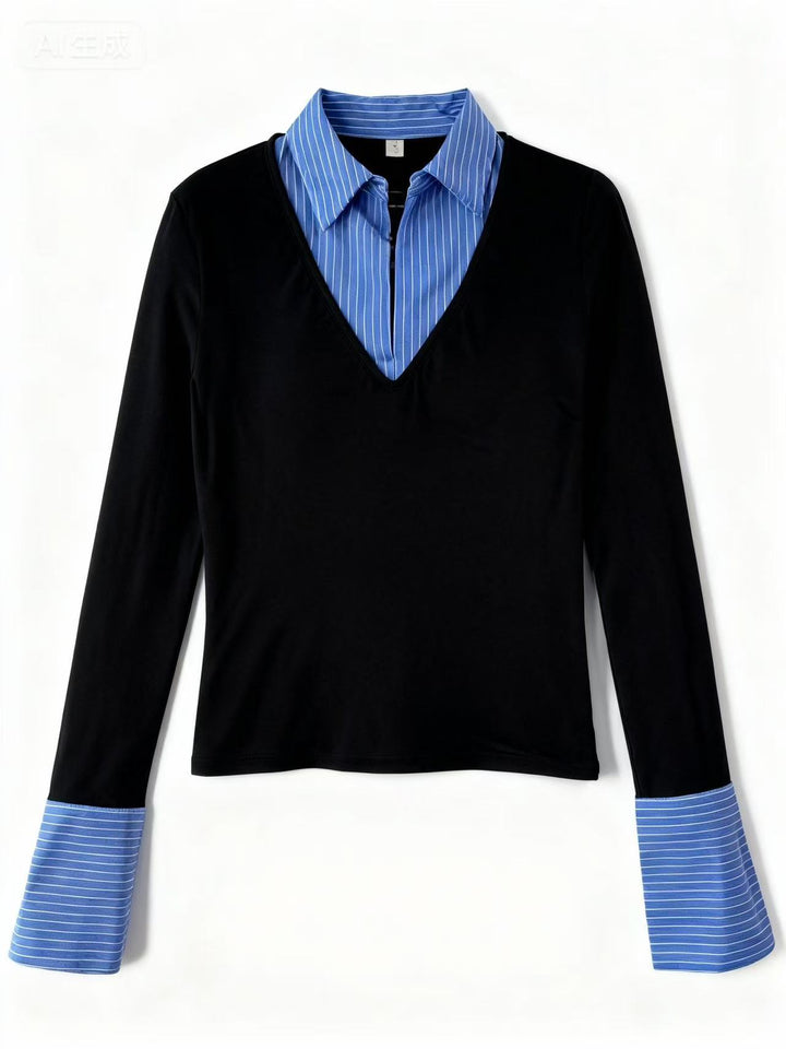 Black Full Sleeve Contrast Collar Fitted Top