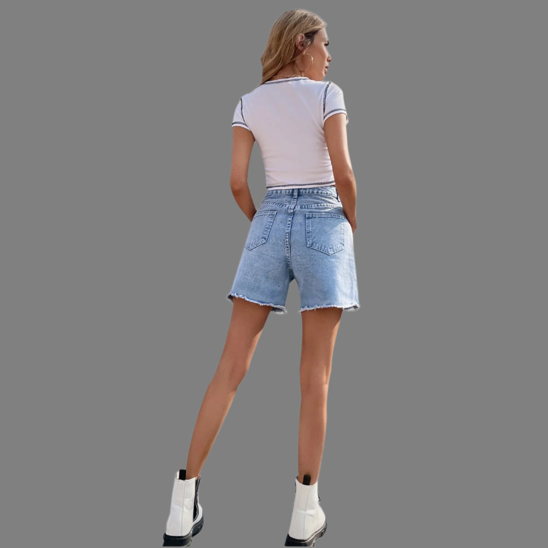 Light Blue Denim Shorts With Freyed Hem