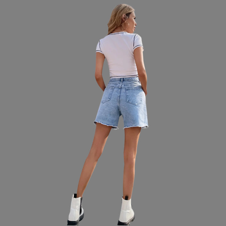 Light Blue Denim Shorts With Freyed Hem