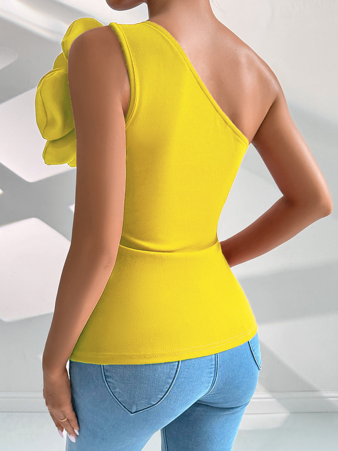 Yellow One Shoulder Flower Attached Top