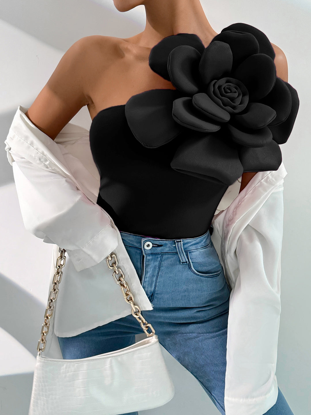 Black One Shoulder Flower Attached Top