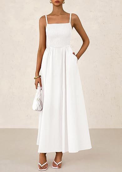 White Strappy Square Neck Cinched Waist Dress With Pockets