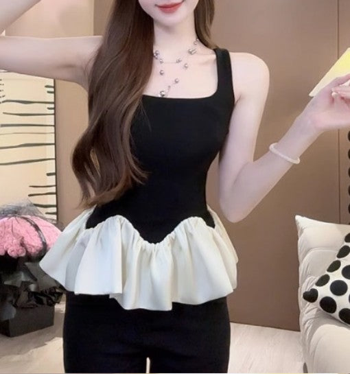 Black Tank Top With Bubble Hem