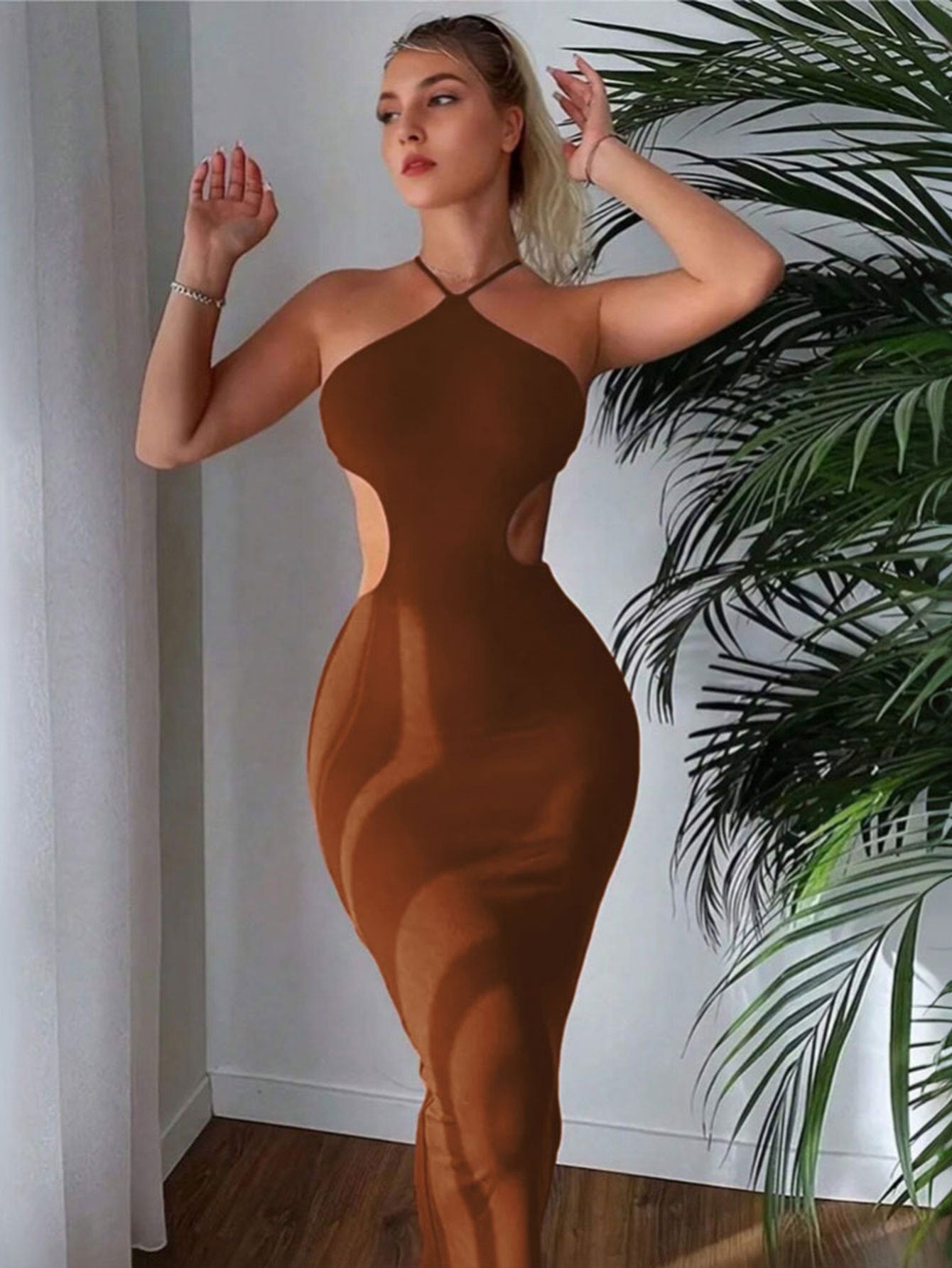 Brown Halter Neck Waist Detail Dress