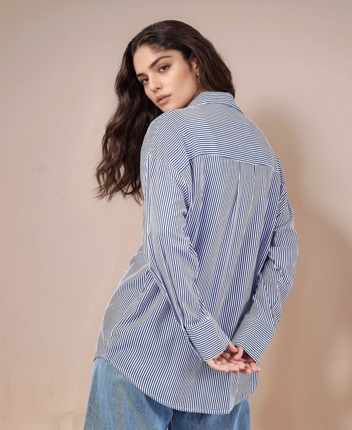 Blue Stripes Longline Collared Shirt