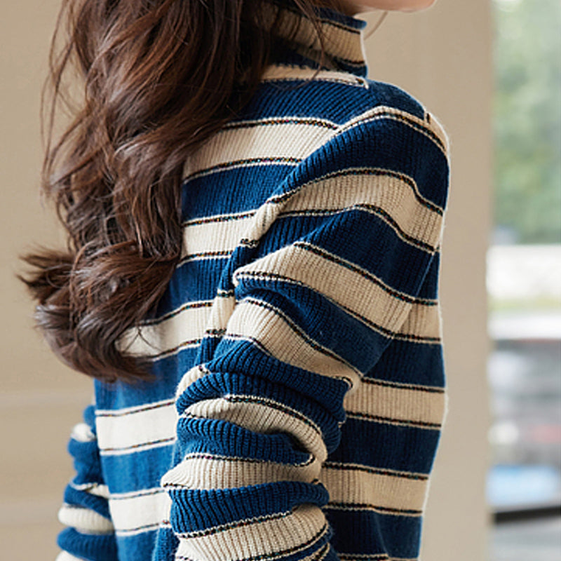 Blue Striped Turtle Neck Top