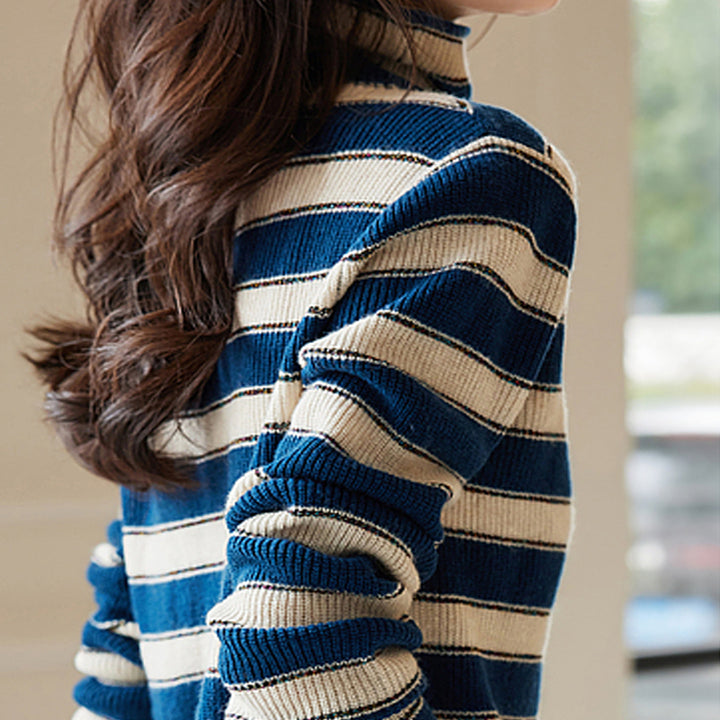 Blue Striped Turtle Neck Top