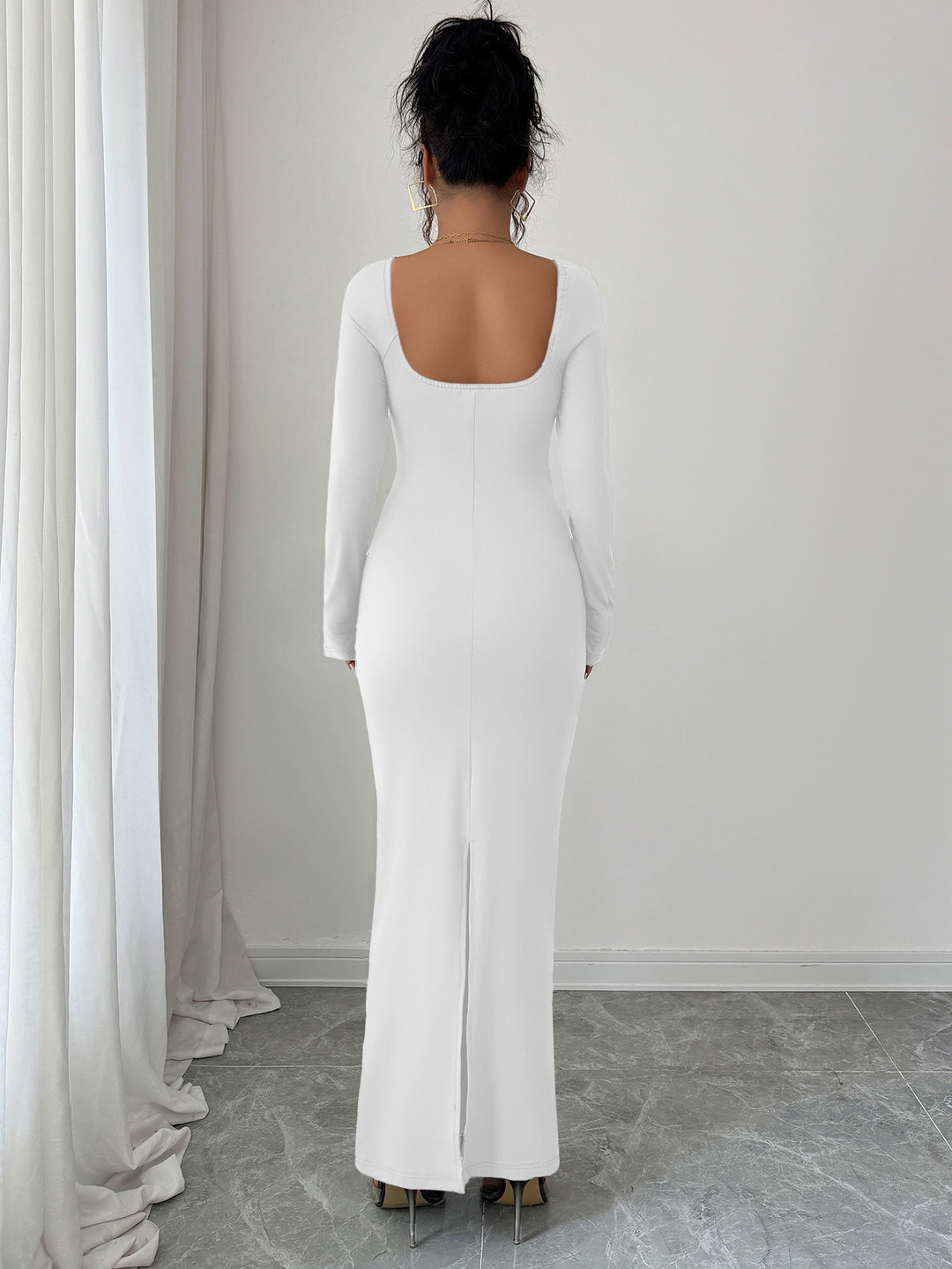 White Full Sleeve Sweetheart Neck Fitted Dress