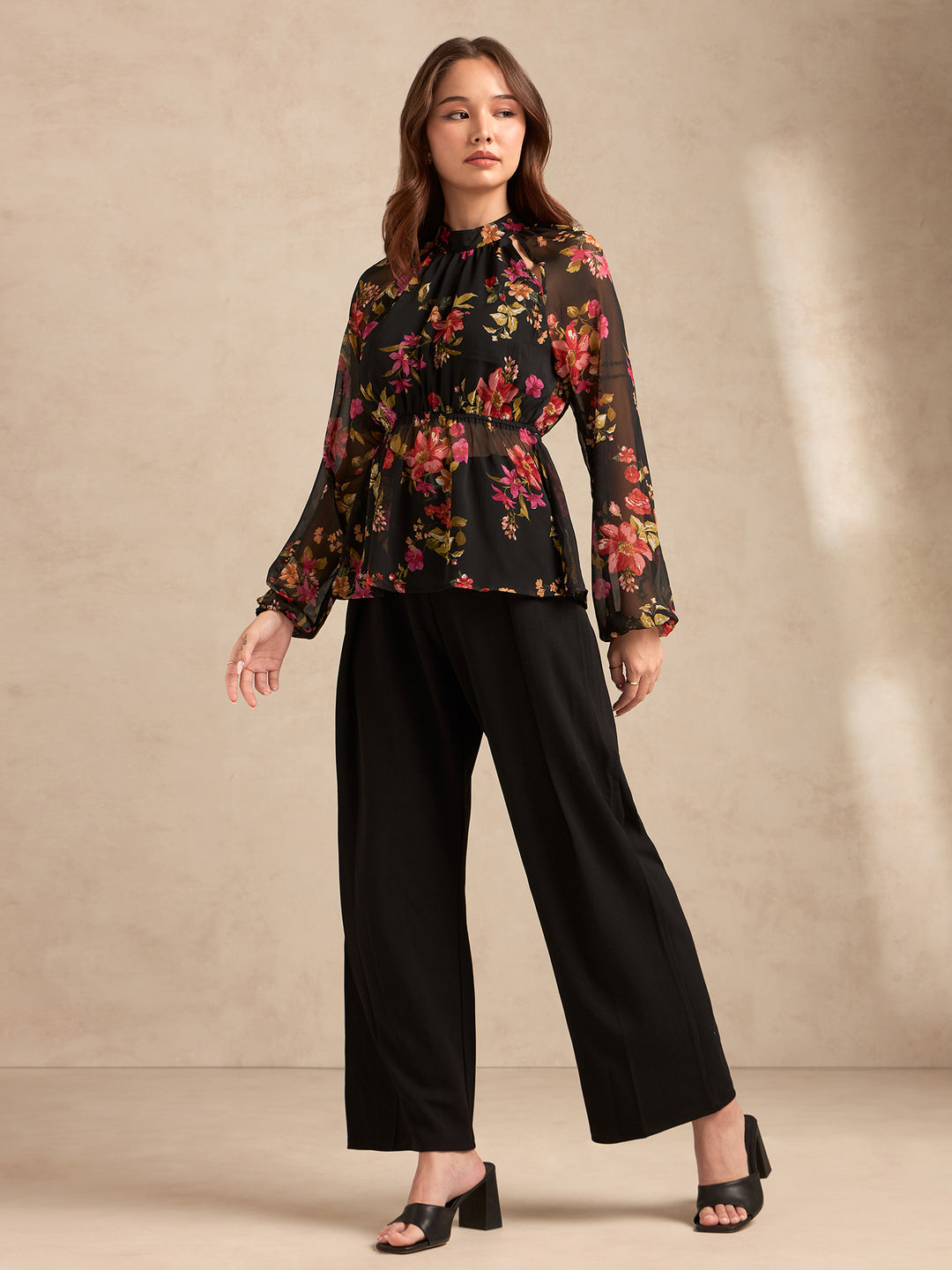 Black Floral Printed Blouse With Peplum Waist Detail