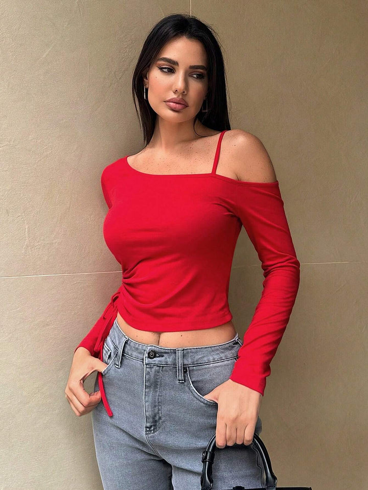 Red One-Off Shoulder Knit Top