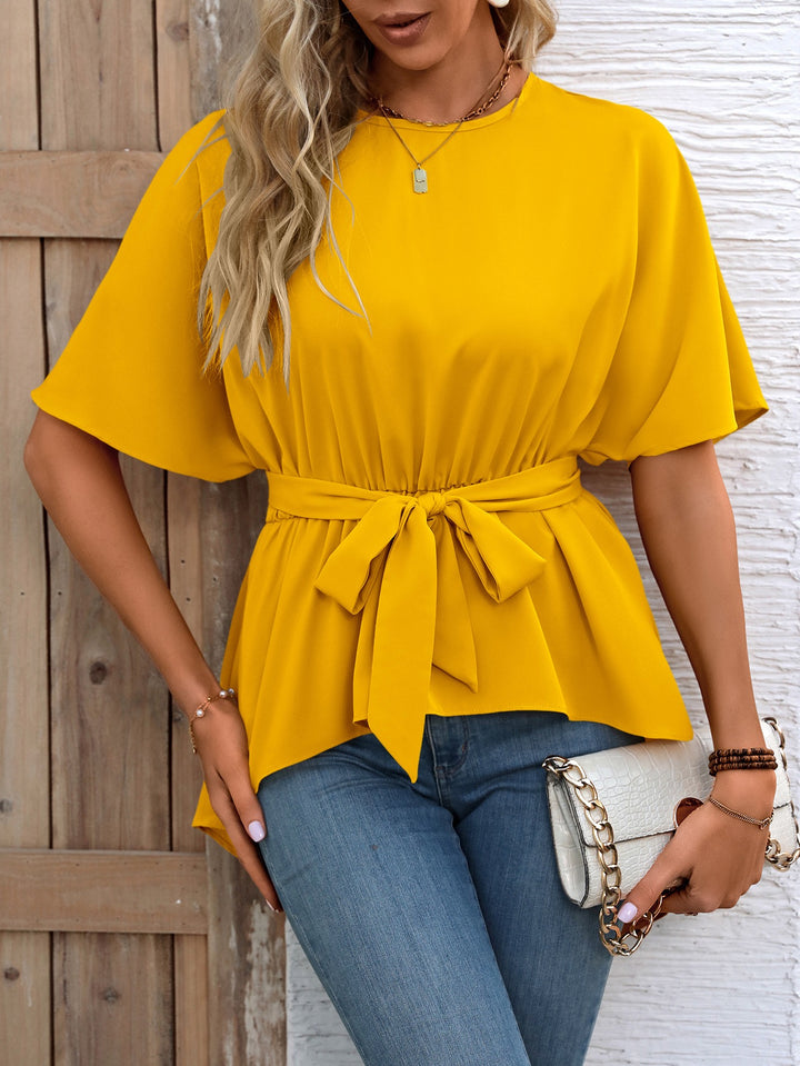 Yellow Waist Cinched Asymmetrical Hem Top