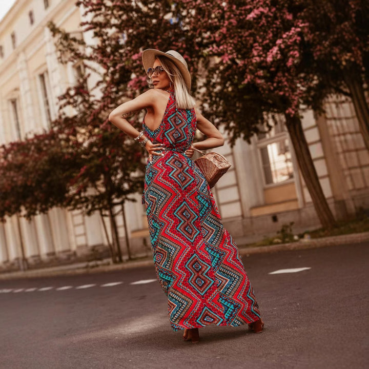 Red Printed Halter Neck Dress