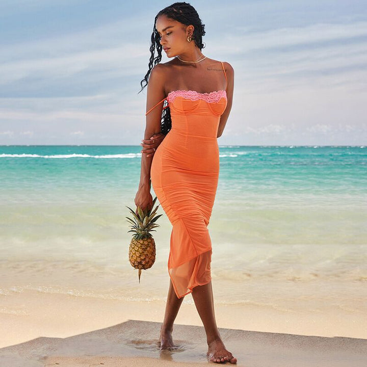 Orange  Spaghetti Strap Lace Dress