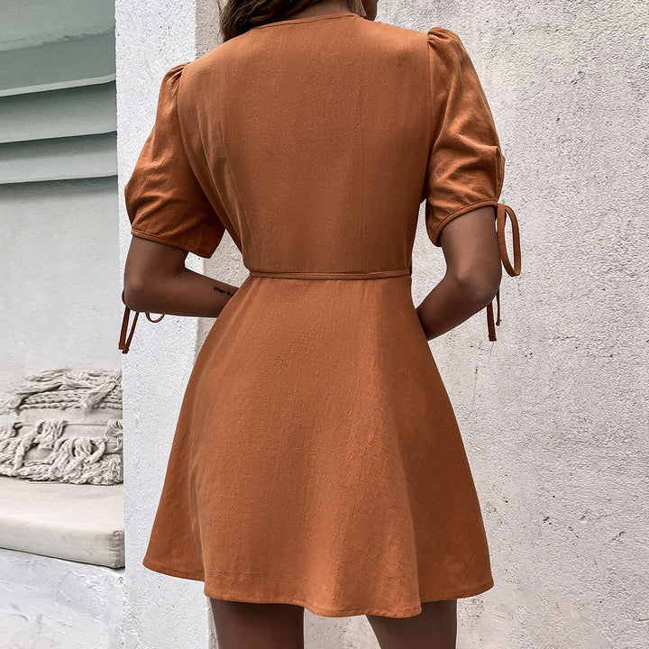 Orange Puff Sleeve Front Tie-Up Dress