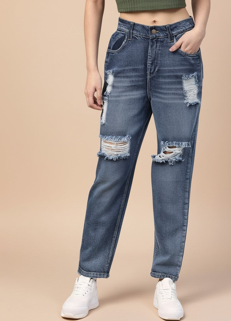 Blue Distress Effect Denim Jeans
