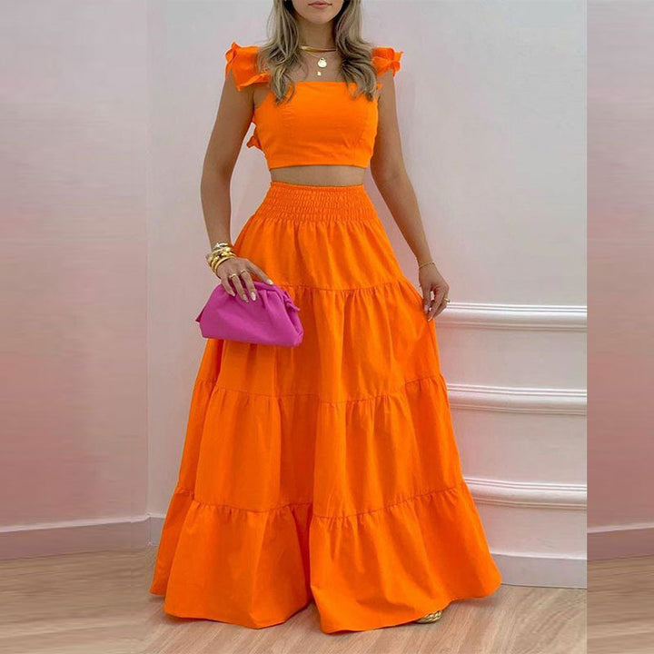 Orange Ruffle Sleeves Tiered Flared Skirt Co-Ord Set