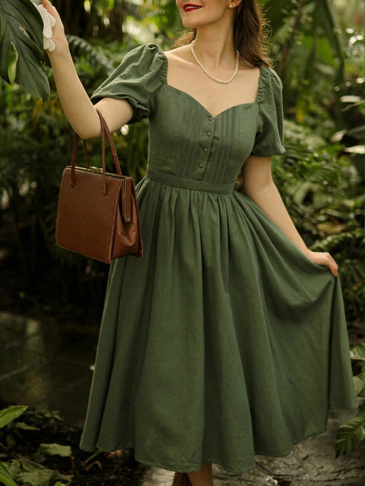 Olive Puff Sleeve Sweetheart Neck Dress