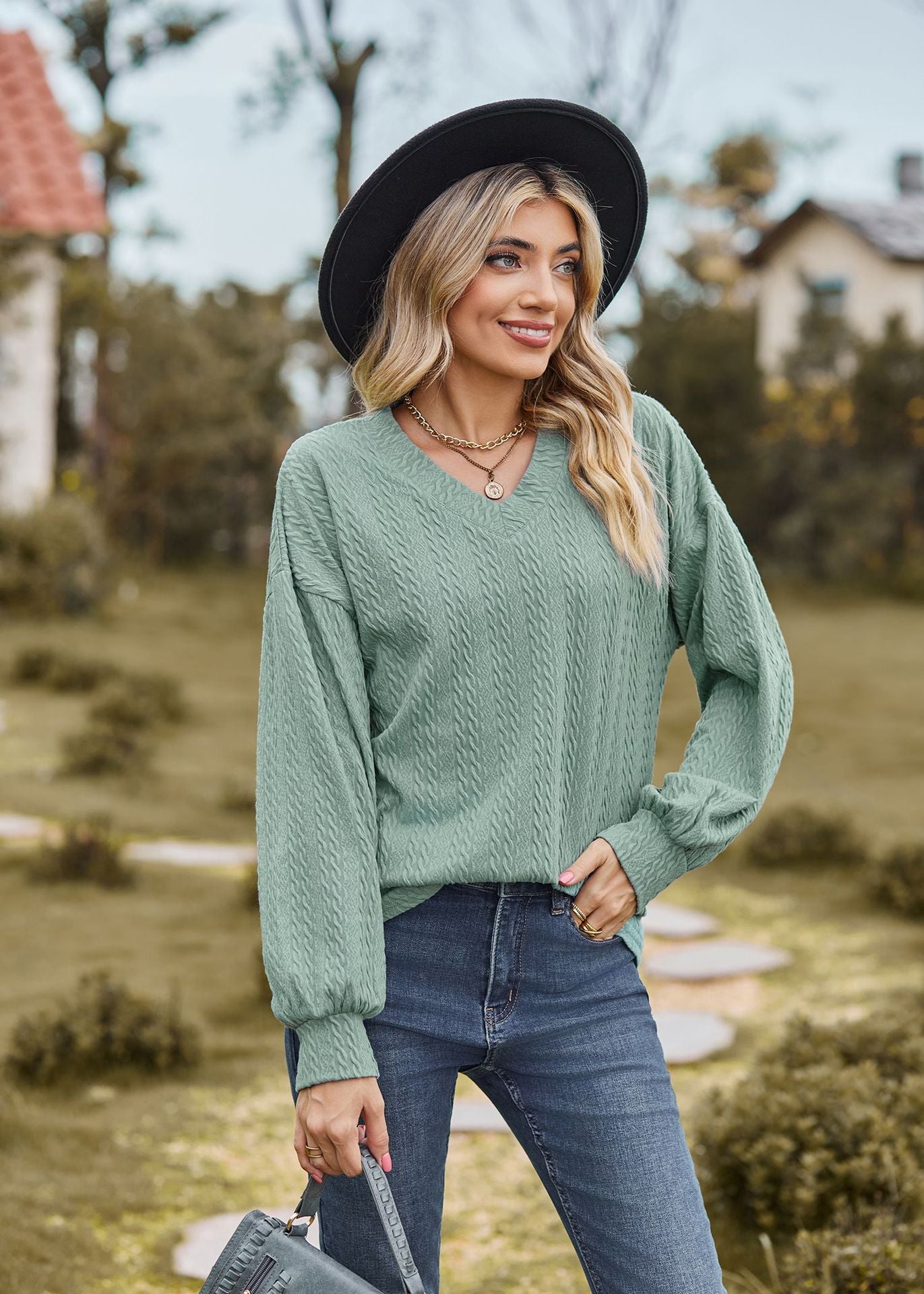 Sea Green Bishop Sleeve V Neck Sweatshirt