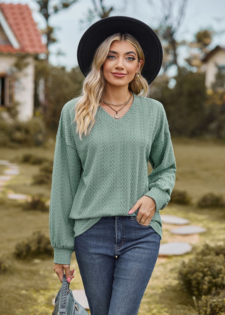 Sea Green Bishop Sleeve V Neck Sweatshirt