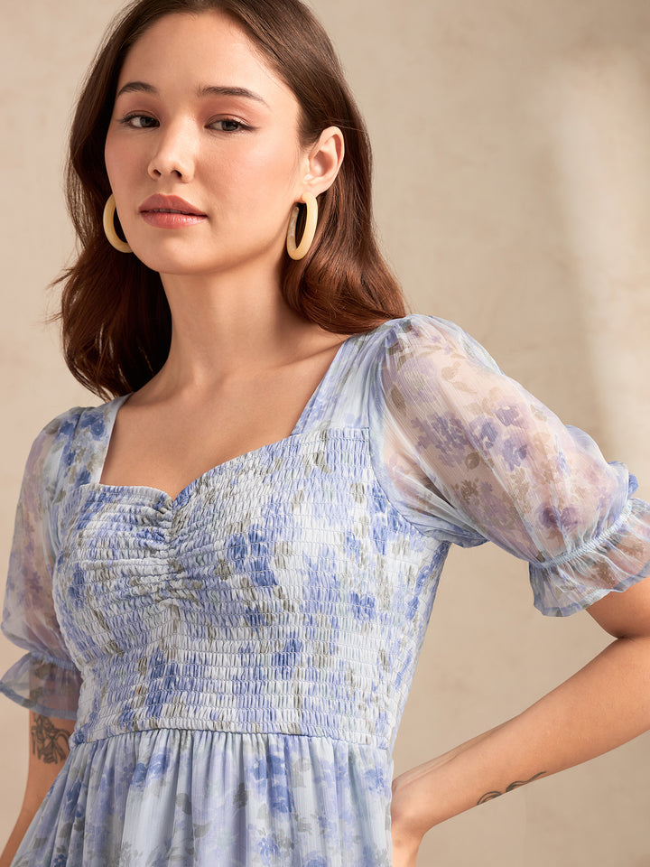 Blue Floral Printed Maxi Dress