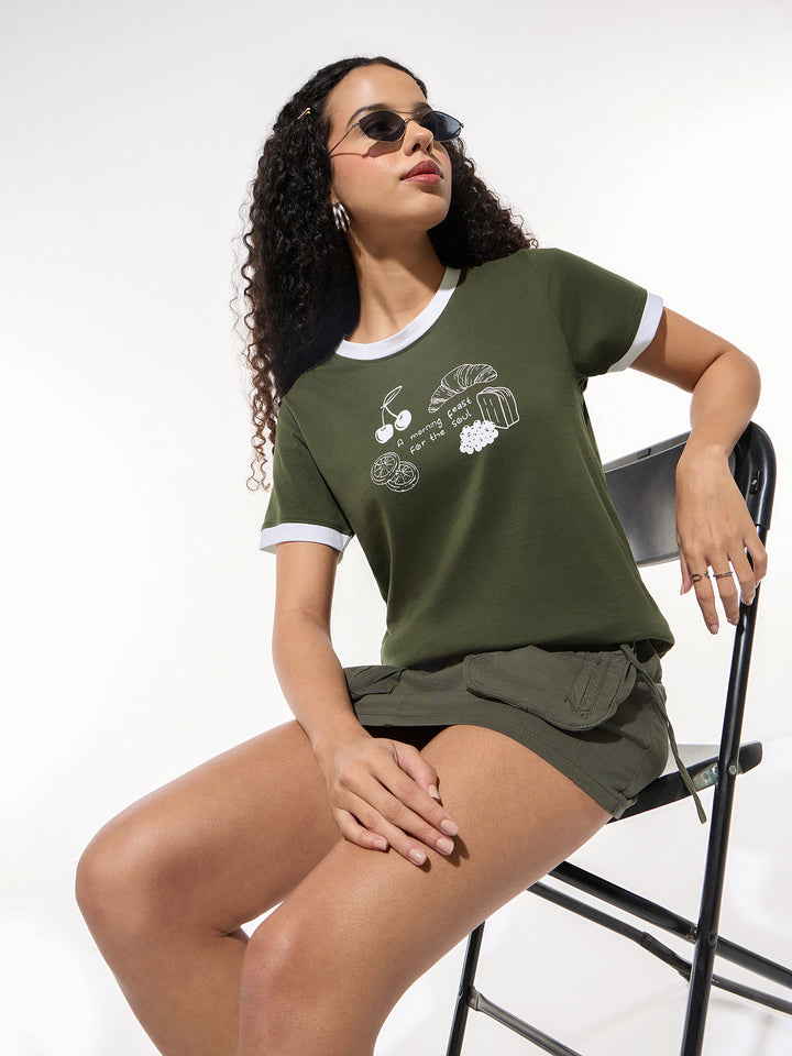 Green Graphic Printed Contrast Hem T-Shirt