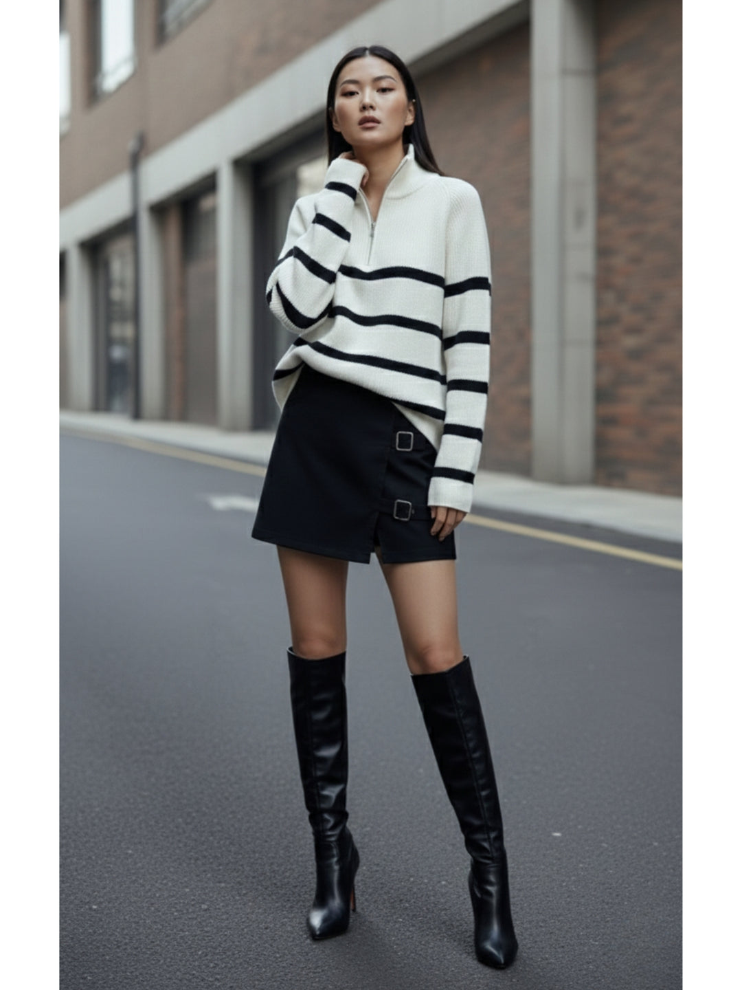 Cream Full Sleeve Striped Half Zip Sweater