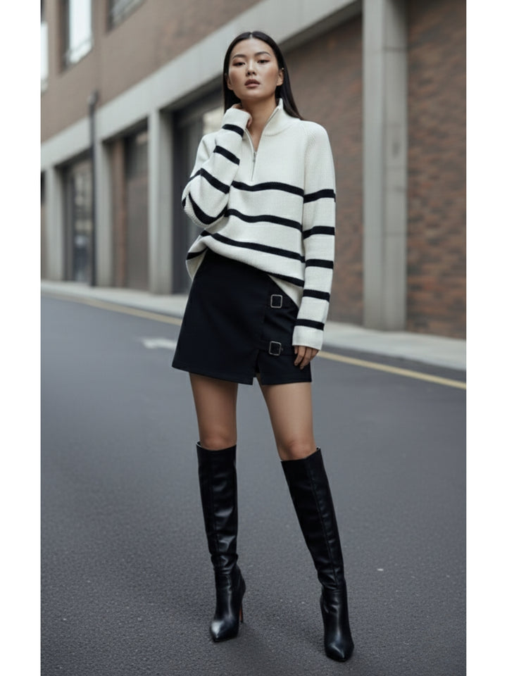 Cream Full Sleeve Striped Half Zip Sweater