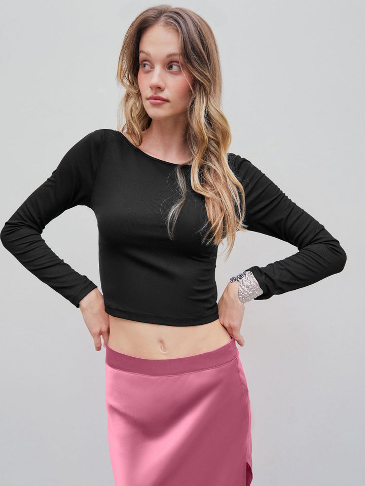 Black Full Sleeved Boat Neck Fitted Top