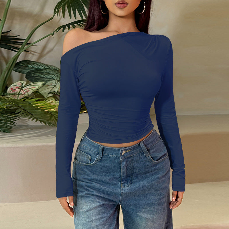 Navy Blue  One Shoulder Full Sleeves Fitted Top