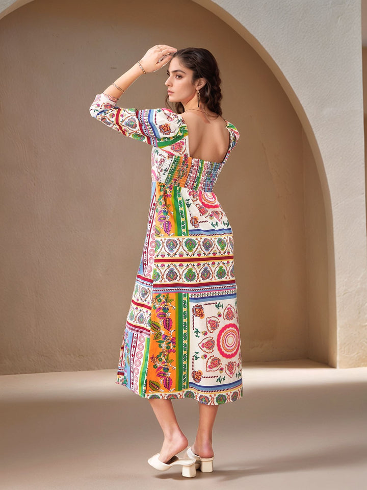 Multi Abstract Printed Sweetheart Neck Dress