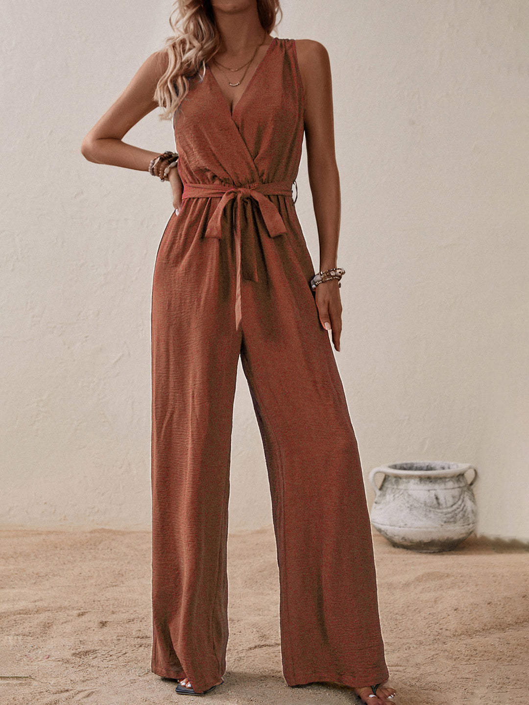 Rust Sleeveless Jumpsuit With Tie Up
