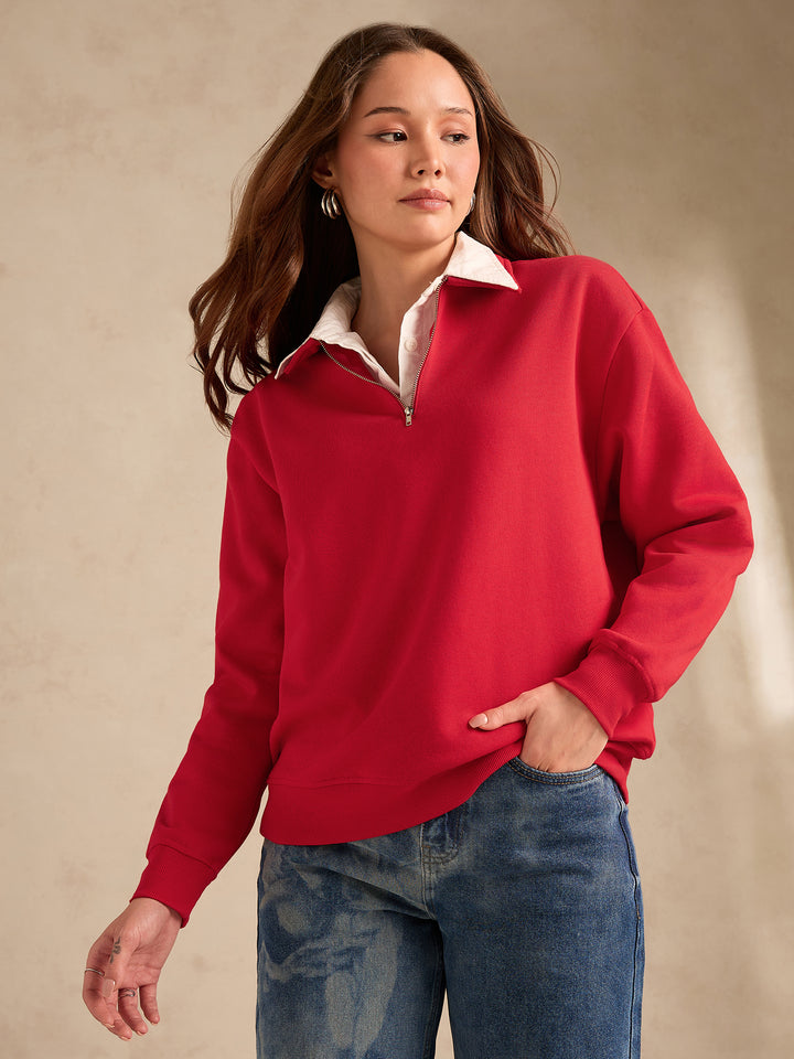 Red Solid Oversized Zipper Sweatshirt