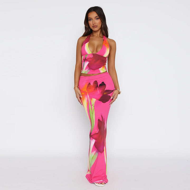 Rose Halter Neck Fitted Top With Skirt