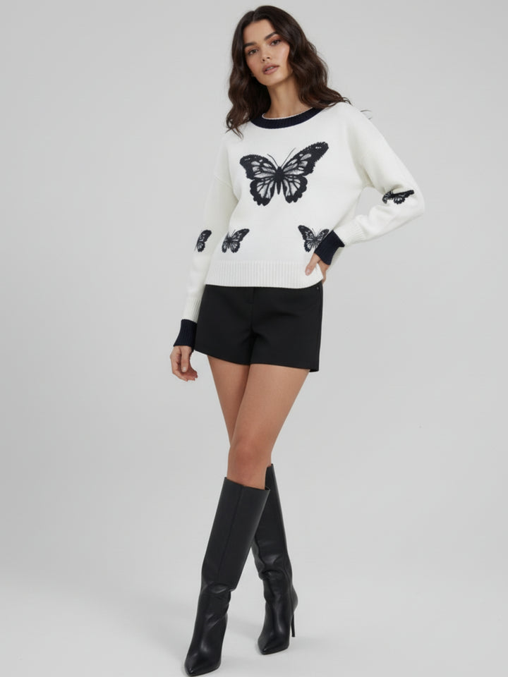 Cream Full Sleeve Contrast Neckline Printed Sweater