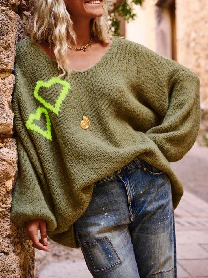 Olive Full Sleeves V Neck Printed Sweater