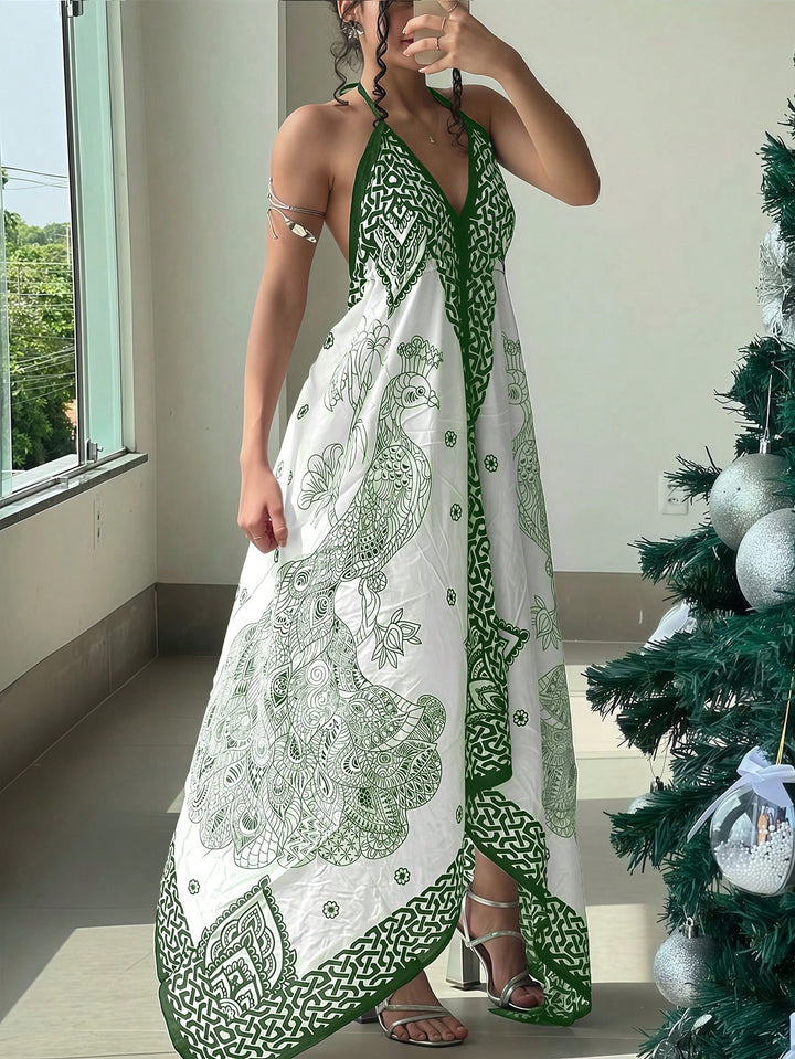 Green Printed Halter Neck Backless Dress