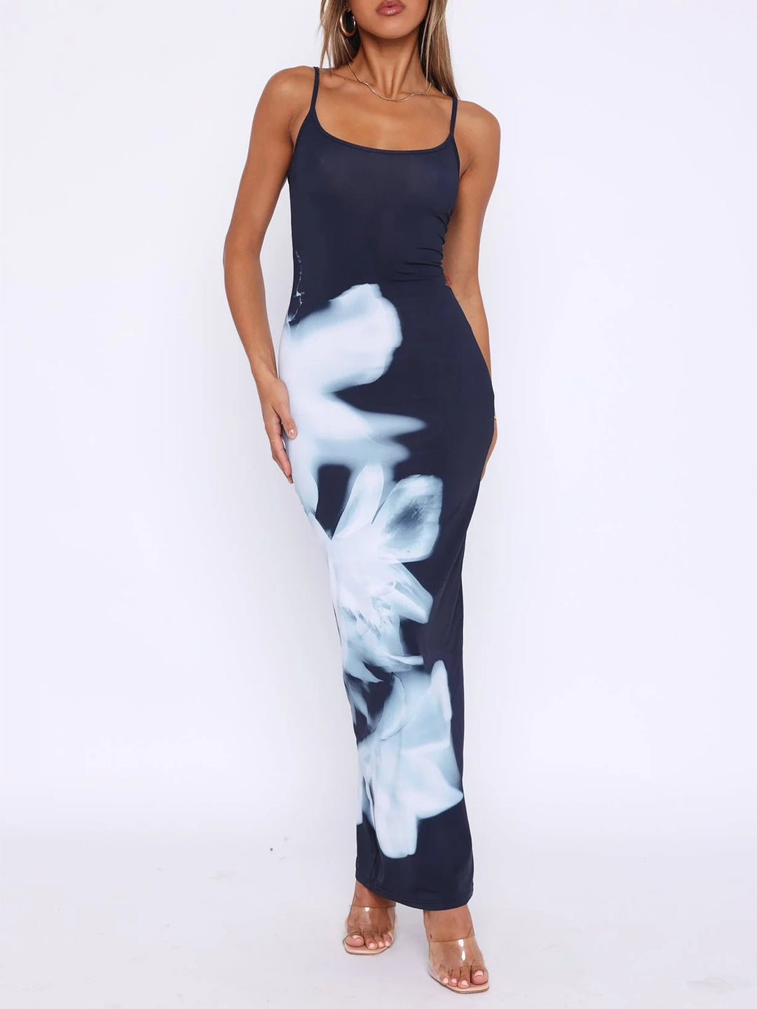 Navy Blue Spaghetti Strap Printed Dress